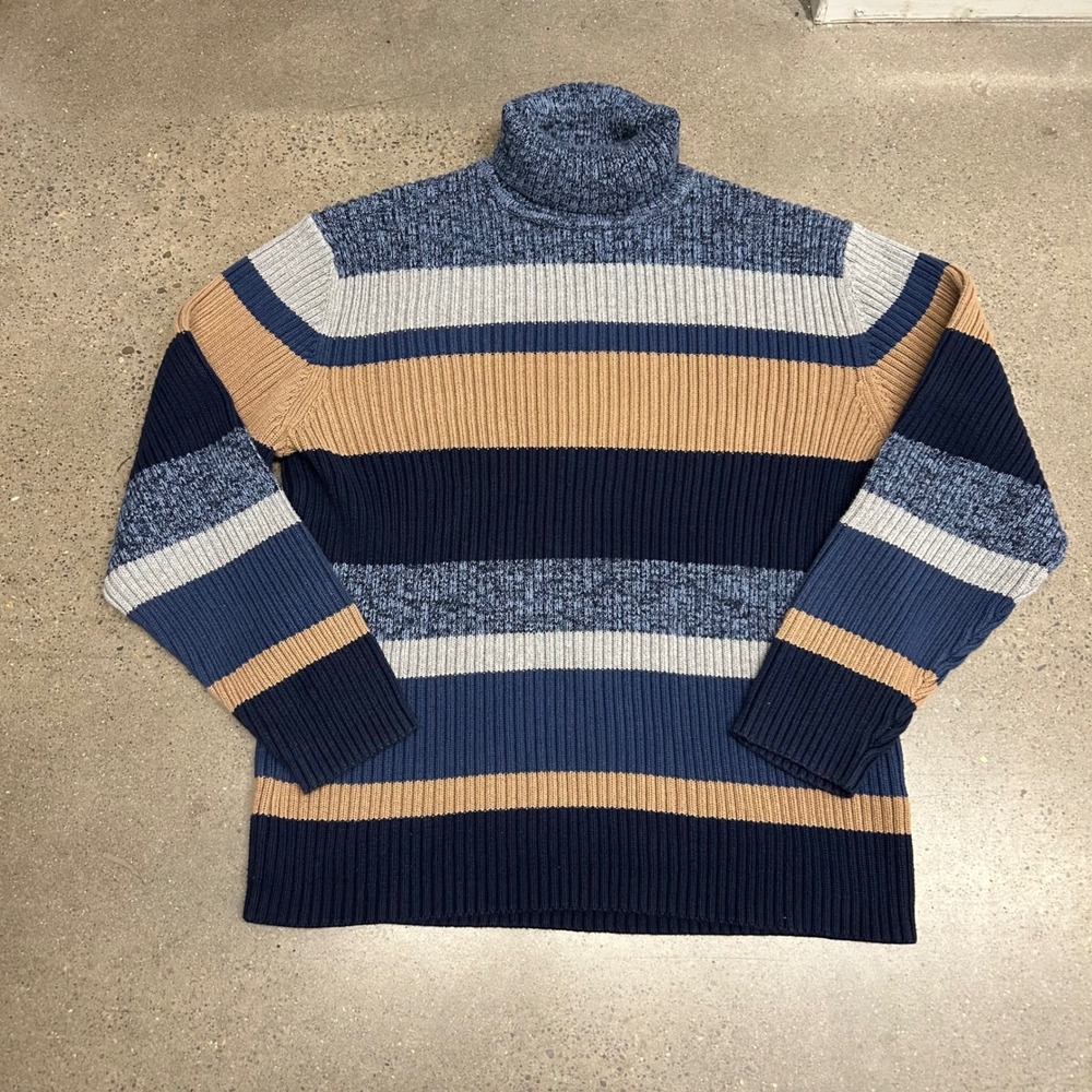 Vintage Eddie Bauer Striped Sweater Men's Turtle Neck Blue Striped Medium Top